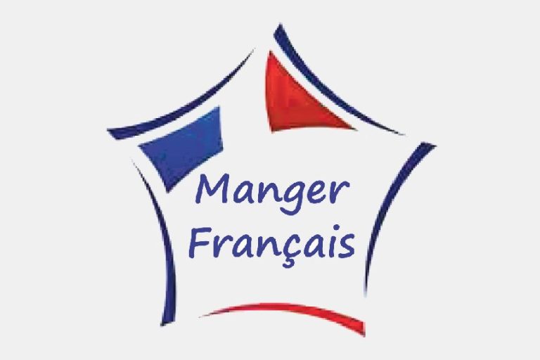 Logo avec une étoile et le texte "Manger Français", décoré des couleurs bleu, blanc, rouge.